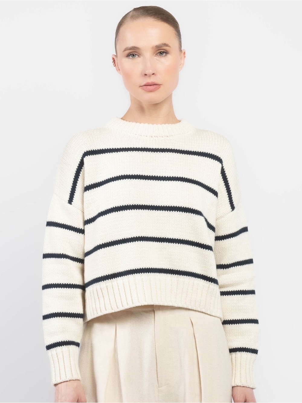 JENNI KAYNE Chloe Crew Stripped Sweater Size Medium Ivory/Black Cotton EUC